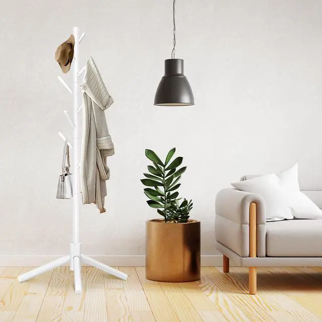 Alt view image 2 of 7 - 8-Hook Freestanding Wooden Coat Rack 3 Adjustable Heights White | Stable Triangular Base for Safety,Durable Construction,Simple Tool-Free Assembly,Ideal for Bedroom Hallway Office Entryway