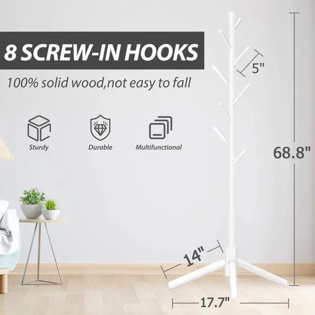 Alt view image 4 of 7 - 8-Hook Freestanding Wooden Coat Rack 3 Adjustable Heights White | Stable Triangular Base for Safety,Durable Construction,Simple Tool-Free Assembly,Ideal for Bedroom Hallway Office Entryway