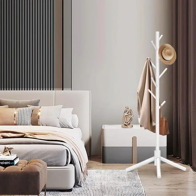 Alt view image 3 of 7 - 8-Hook Freestanding Wooden Coat Rack 3 Adjustable Heights White | Stable Triangular Base for Safety,Durable Construction,Simple Tool-Free Assembly,Ideal for Bedroom Hallway Office Entryway