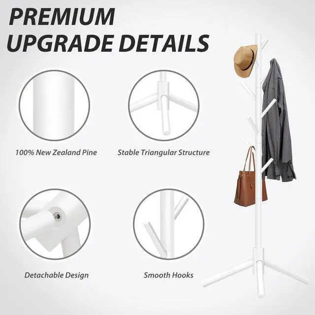 Alt view image 5 of 7 - 8-Hook Freestanding Wooden Coat Rack 3 Adjustable Heights White | Stable Triangular Base for Safety,Durable Construction,Simple Tool-Free Assembly,Ideal for Bedroom Hallway Office Entryway