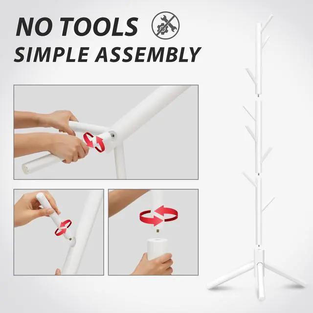 Alt view image 6 of 7 - 8-Hook Freestanding Wooden Coat Rack 3 Adjustable Heights White | Stable Triangular Base for Safety,Durable Construction,Simple Tool-Free Assembly,Ideal for Bedroom Hallway Office Entryway