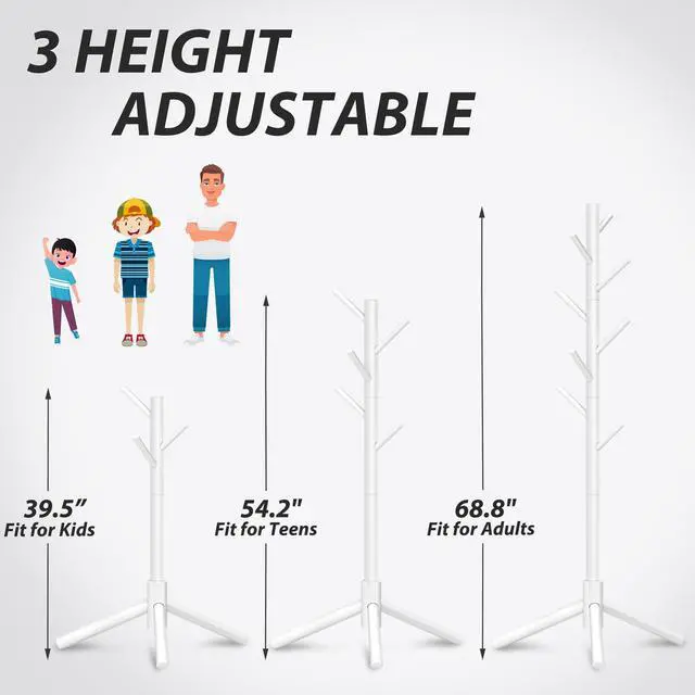 Alt view image 7 of 7 - 8-Hook Freestanding Wooden Coat Rack 3 Adjustable Heights White | Stable Triangular Base for Safety,Durable Construction,Simple Tool-Free Assembly,Ideal for Bedroom Hallway Office Entryway