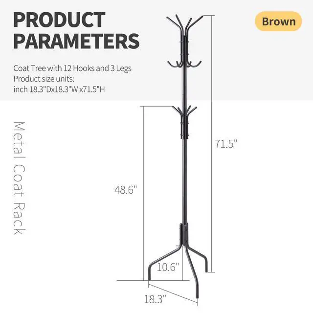 Alt view image 2 of 7 - Coat Rack Freestanding,hat and coat rack stand for entryway,Living Room,Bedroom,Metal coat tree with12 Hooks and 3 Legs (Black)