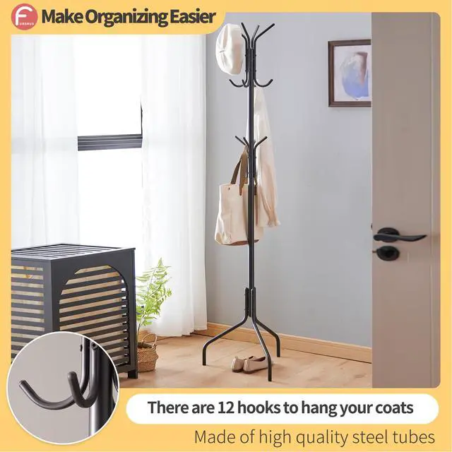 Alt view image 3 of 7 - Coat Rack Freestanding,hat and coat rack stand for entryway,Living Room,Bedroom,Metal coat tree with12 Hooks and 3 Legs (Black)