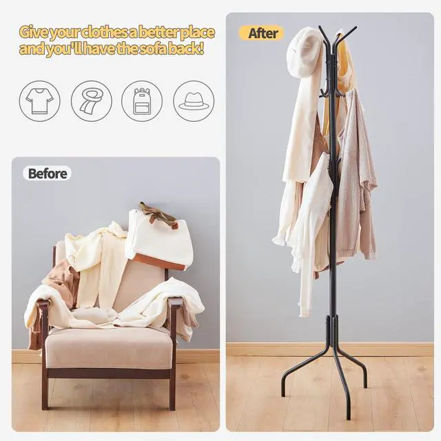 Alt view image 4 of 7 - Coat Rack Freestanding,hat and coat rack stand for entryway,Living Room,Bedroom,Metal coat tree with12 Hooks and 3 Legs (Black)