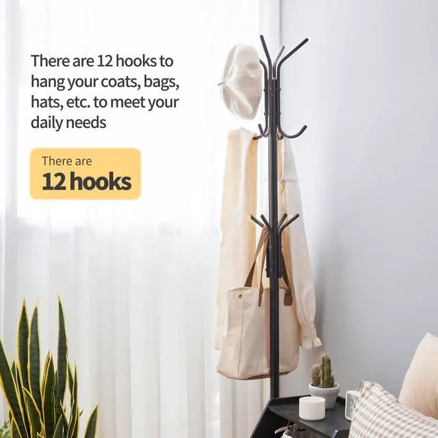 Alt view image 6 of 7 - Coat Rack Freestanding,hat and coat rack stand for entryway,Living Room,Bedroom,Metal coat tree with12 Hooks and 3 Legs (Black)