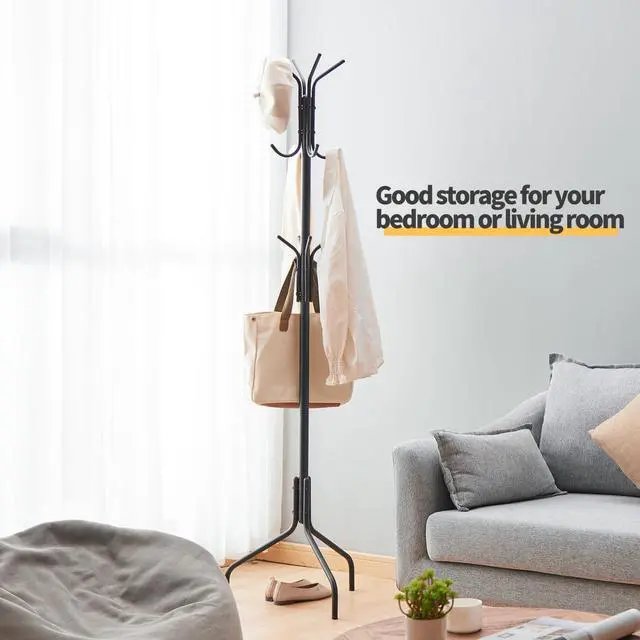 Alt view image 7 of 7 - Coat Rack Freestanding,hat and coat rack stand for entryway,Living Room,Bedroom,Metal coat tree with12 Hooks and 3 Legs (Black)