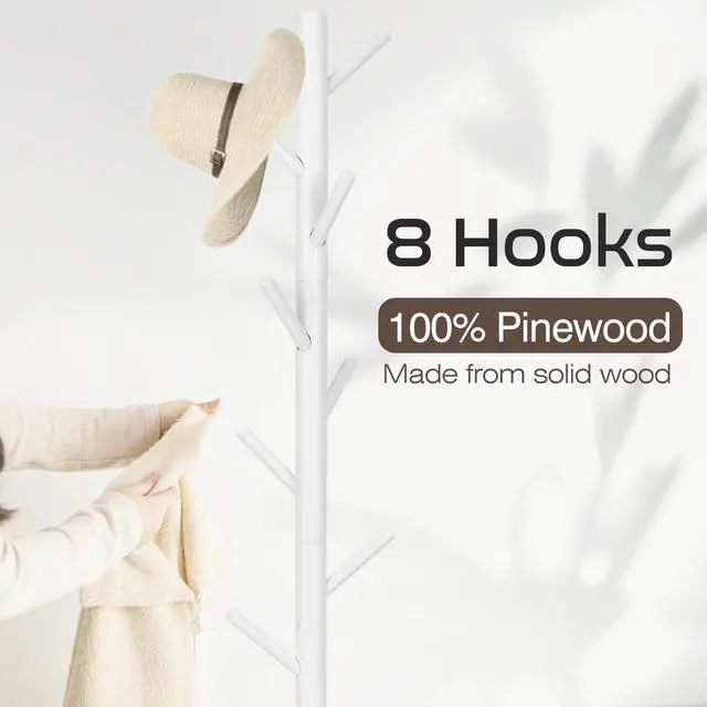 Alt view image 2 of 7 - Freestanding Coat Rack | Coat Rack with 8 Hooks and 3 Adjustable Size Tree for Bedroom, Hallway, Entrance, Office, for Hats, Coats, Scarves, Handbags