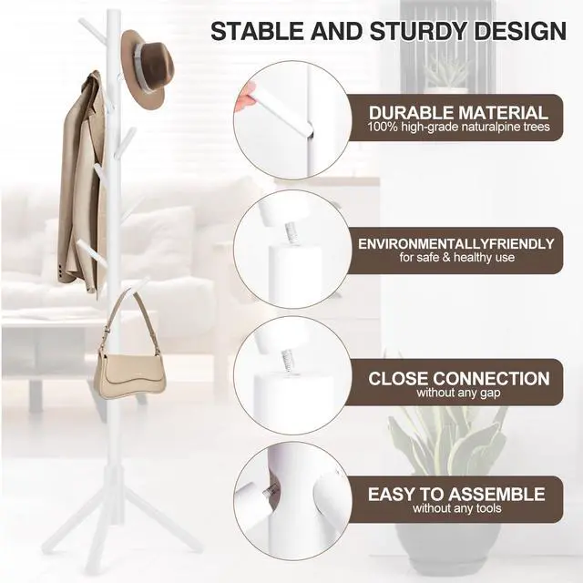 Alt view image 3 of 7 - Freestanding Coat Rack | Coat Rack with 8 Hooks and 3 Adjustable Size Tree for Bedroom, Hallway, Entrance, Office, for Hats, Coats, Scarves, Handbags