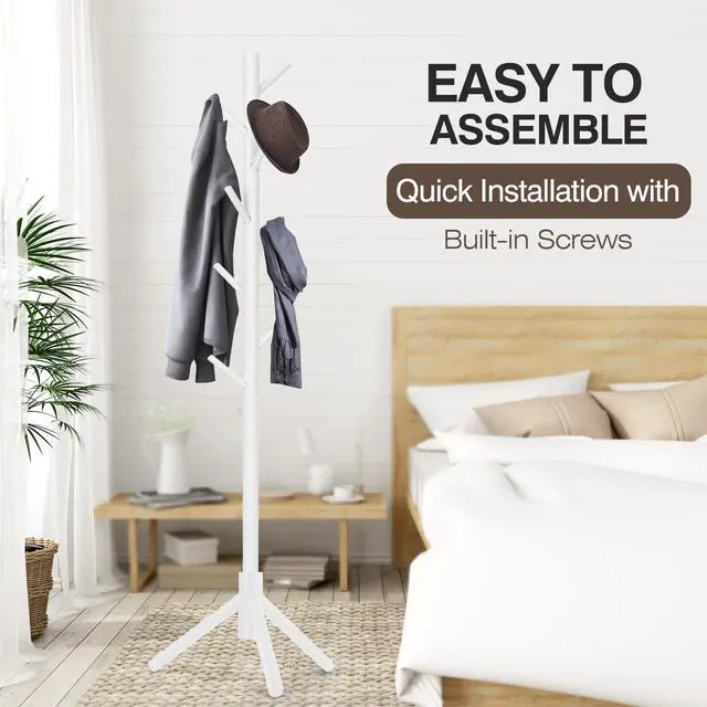 Alt view image 4 of 7 - Freestanding Coat Rack | Coat Rack with 8 Hooks and 3 Adjustable Size Tree for Bedroom, Hallway, Entrance, Office, for Hats, Coats, Scarves, Handbags