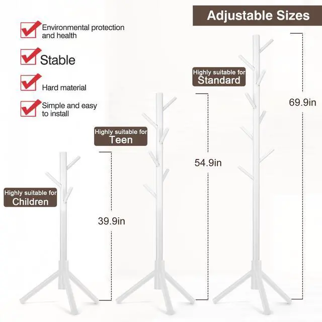 Alt view image 6 of 7 - Freestanding Coat Rack | Coat Rack with 8 Hooks and 3 Adjustable Size Tree for Bedroom, Hallway, Entrance, Office, for Hats, Coats, Scarves, Handbags