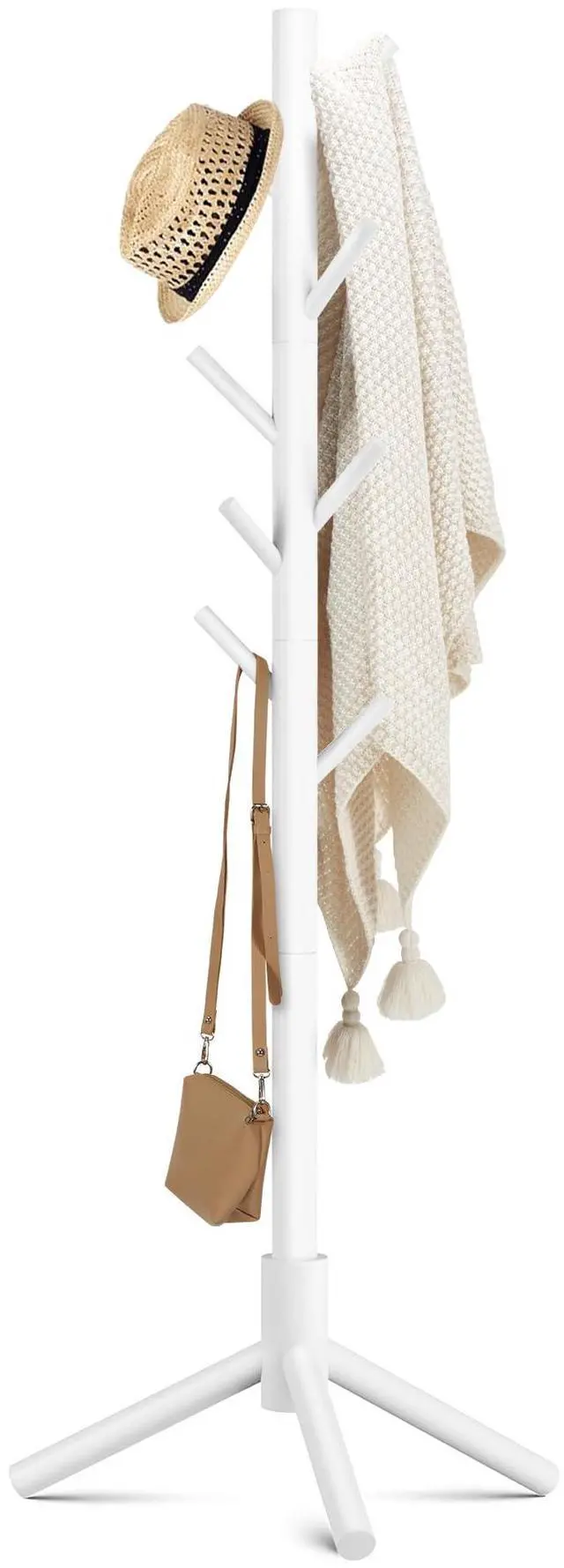 Main image of Wooden Coat Rack Stand with 8 Hooks New Zealand Pine 3 Adjustable Coat Standing Tree Easy Assembly for Coats, Hats, Scarves and Handbags for Entryway, Hallway, Bedroom, Office, white