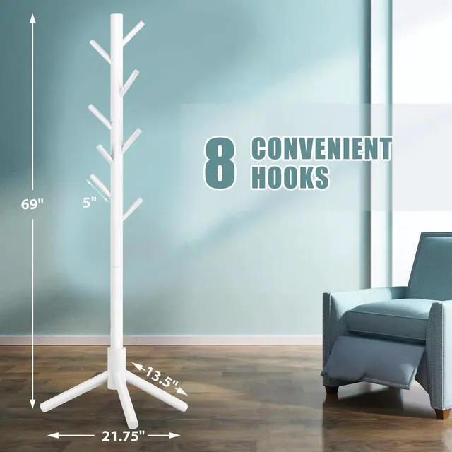 Alt view image 2 of 6 - Wooden Coat Rack Stand with 8 Hooks New Zealand Pine 3 Adjustable Coat Standing Tree Easy Assembly for Coats, Hats, Scarves and Handbags for Entryway, Hallway, Bedroom, Office, white