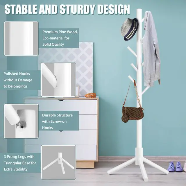 Alt view image 3 of 6 - Wooden Coat Rack Stand with 8 Hooks New Zealand Pine 3 Adjustable Coat Standing Tree Easy Assembly for Coats, Hats, Scarves and Handbags for Entryway, Hallway, Bedroom, Office, white