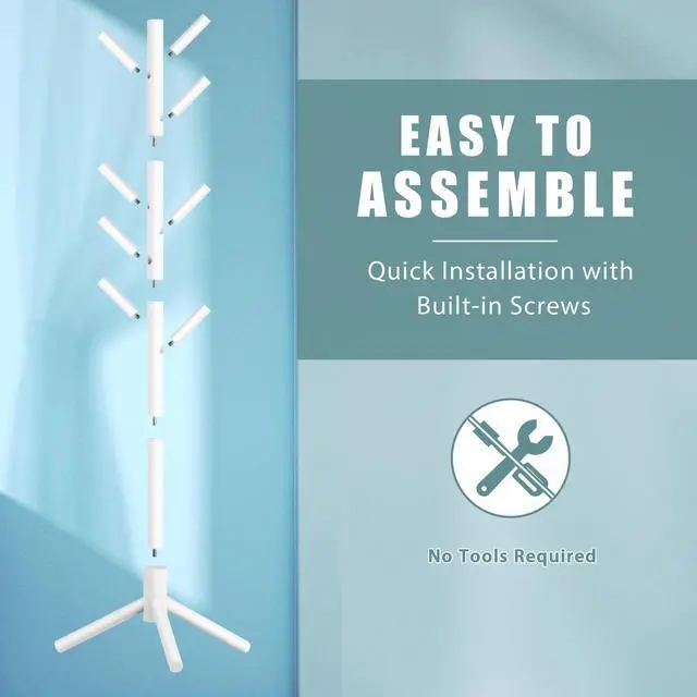 Alt view image 4 of 6 - Wooden Coat Rack Stand with 8 Hooks New Zealand Pine 3 Adjustable Coat Standing Tree Easy Assembly for Coats, Hats, Scarves and Handbags for Entryway, Hallway, Bedroom, Office, white