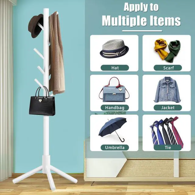 Alt view image 6 of 6 - Wooden Coat Rack Stand with 8 Hooks New Zealand Pine 3 Adjustable Coat Standing Tree Easy Assembly for Coats, Hats, Scarves and Handbags for Entryway, Hallway, Bedroom, Office, white