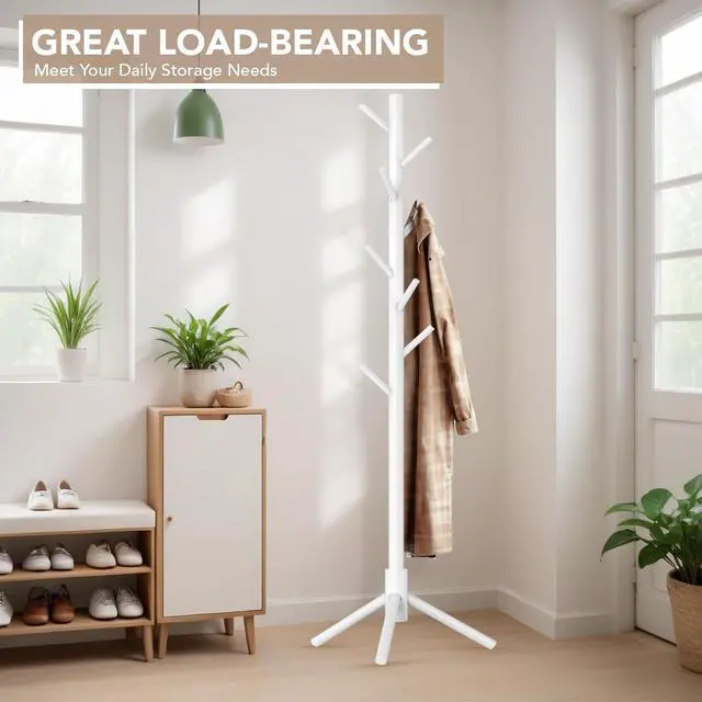 Alt view image 2 of 7 - Wooden Tree Coat Rack Stand,Sturdy Freestanding Coat Rack with 8 Hooks,3 Adjustable Height for Child Adult,Wood Coat Stand Tree Fits Entryway Bedroom Office for Bags,Hats