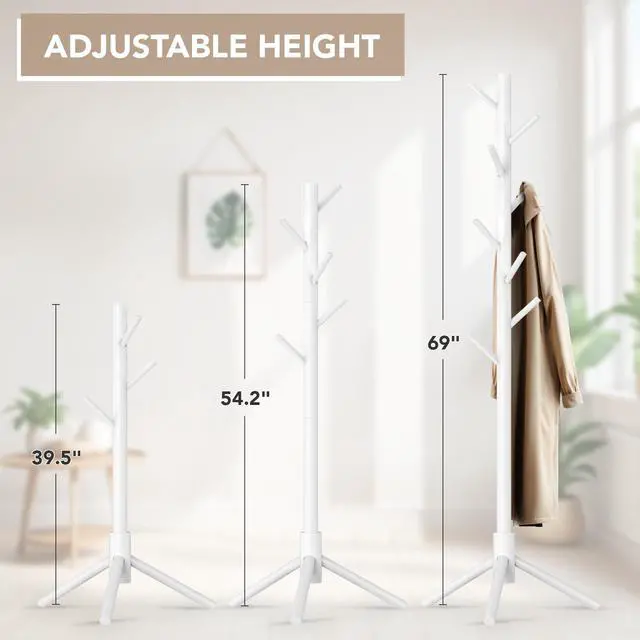 Alt view image 3 of 7 - Wooden Tree Coat Rack Stand,Sturdy Freestanding Coat Rack with 8 Hooks,3 Adjustable Height for Child Adult,Wood Coat Stand Tree Fits Entryway Bedroom Office for Bags,Hats