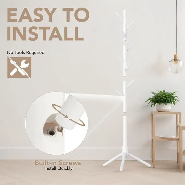 Alt view image 4 of 7 - Wooden Tree Coat Rack Stand,Sturdy Freestanding Coat Rack with 8 Hooks,3 Adjustable Height for Child Adult,Wood Coat Stand Tree Fits Entryway Bedroom Office for Bags,Hats