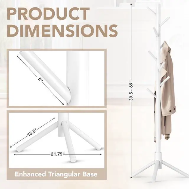Alt view image 5 of 7 - Wooden Tree Coat Rack Stand,Sturdy Freestanding Coat Rack with 8 Hooks,3 Adjustable Height for Child Adult,Wood Coat Stand Tree Fits Entryway Bedroom Office for Bags,Hats