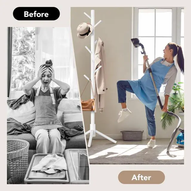 Alt view image 7 of 7 - Wooden Tree Coat Rack Stand,Sturdy Freestanding Coat Rack with 8 Hooks,3 Adjustable Height for Child Adult,Wood Coat Stand Tree Fits Entryway Bedroom Office for Bags,Hats