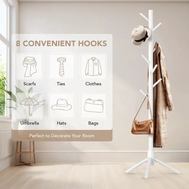 Alt view image 6 of 7 - Wooden Tree Coat Rack Stand,Sturdy Freestanding Coat Rack with 8 Hooks,3 Adjustable Height for Child Adult,Wood Coat Stand Tree Fits Entryway Bedroom Office for Bags,Hats