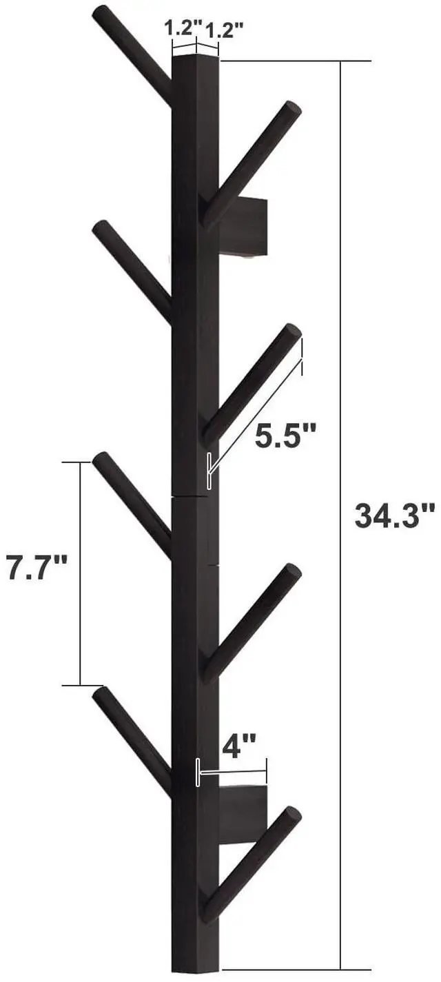 Alt view image 2 of 6 - Coat Rack Wall Mount,Bamboo Vertical Hat Rack for Wall,Wall Coat Tree,Coat Hanger,Floating Coat Rack for Hats,Jackets,Bags,Entryway Bedroom (Black)