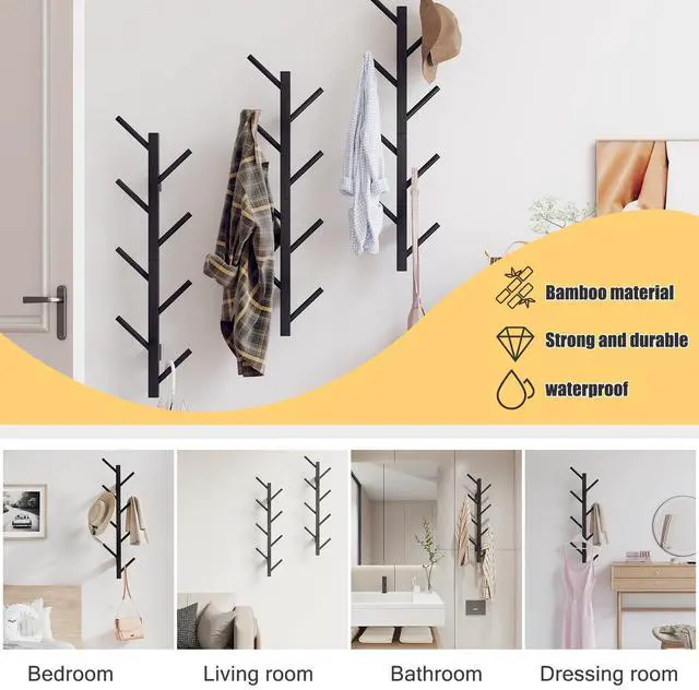 Alt view image 3 of 6 - Coat Rack Wall Mount,Bamboo Vertical Hat Rack for Wall,Wall Coat Tree,Coat Hanger,Floating Coat Rack for Hats,Jackets,Bags,Entryway Bedroom (Black)