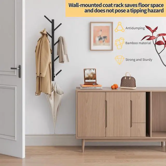 Alt view image 4 of 6 - Coat Rack Wall Mount,Bamboo Vertical Hat Rack for Wall,Wall Coat Tree,Coat Hanger,Floating Coat Rack for Hats,Jackets,Bags,Entryway Bedroom (Black)