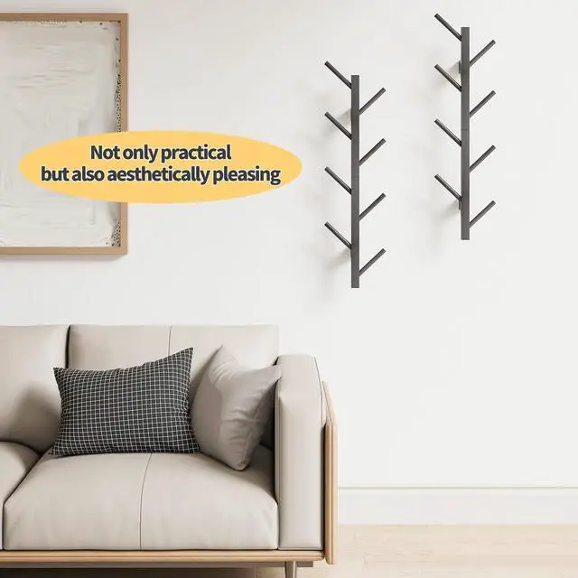 Alt view image 5 of 6 - Coat Rack Wall Mount,Bamboo Vertical Hat Rack for Wall,Wall Coat Tree,Coat Hanger,Floating Coat Rack for Hats,Jackets,Bags,Entryway Bedroom (Black)