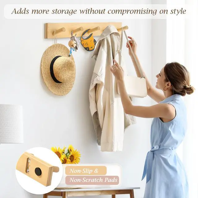 Alt view image 2 of 7 - Coat Rack Wall Mount, Wooden Coat Hanger, Natural, 1 Pcs | Heavy Duty, 5 Sturdy Rounded Hooks, Bamboo Wood Material, for Entryway, Doorway, Living Room, Kid's room, Living Room, Closet
