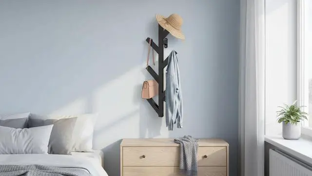 Alt view image 5 of 7 - Wall Mounted Metal Coat Rack with 6 Hooks Modern Minimalist clothes rack, Upright Coat Rack for Hanging Clothes, Hats, Hanging Bags and Scarves Entrance Wall Iron Coat Racks (Black)