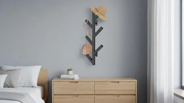 Alt view image 6 of 7 - Wall Mounted Metal Coat Rack with 6 Hooks Modern Minimalist clothes rack, Upright Coat Rack for Hanging Clothes, Hats, Hanging Bags and Scarves Entrance Wall Iron Coat Racks (Black)