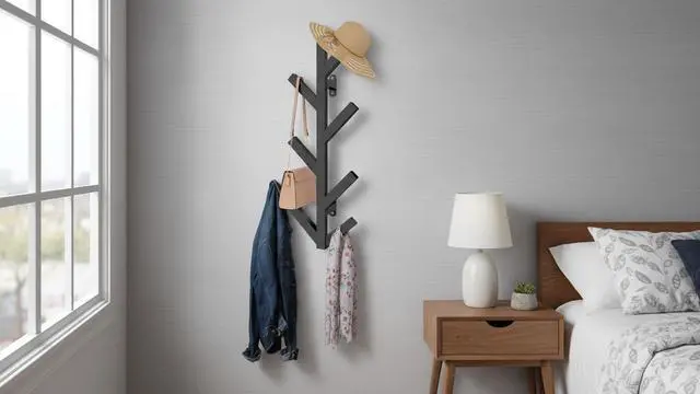 Alt view image 4 of 7 - Wall Mounted Metal Coat Rack with 6 Hooks Modern Minimalist clothes rack, Upright Coat Rack for Hanging Clothes, Hats, Hanging Bags and Scarves Entrance Wall Iron Coat Racks (Black)