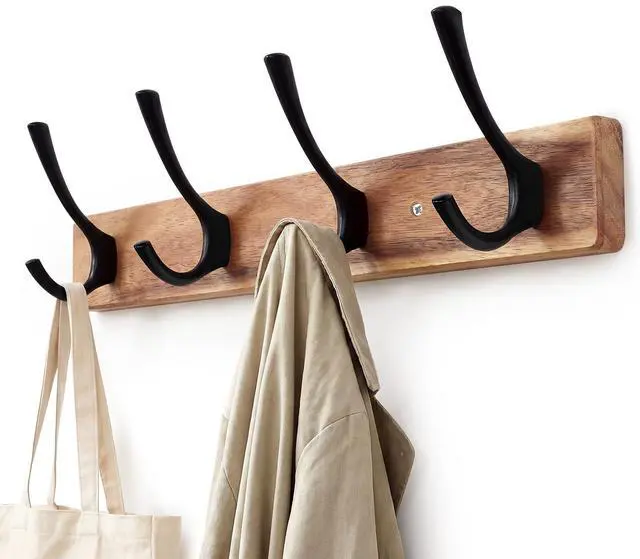 Main image of Coat Rack Wall Mount,Acacia Wood Coat Hooks Wall Mount,15" Wall Coat Rack with Heavy Duty 4-Double-Hooks,Hat Rack Wall Coat Hanger for Towel/Dogs Leashes/Coat/Bag