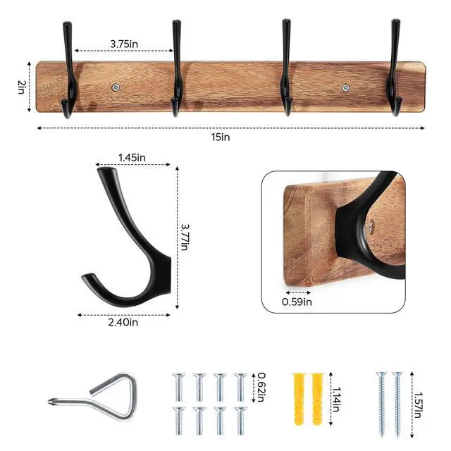 Alt view image 2 of 7 - Coat Rack Wall Mount,Acacia Wood Coat Hooks Wall Mount,15" Wall Coat Rack with Heavy Duty 4-Double-Hooks,Hat Rack Wall Coat Hanger for Towel/Dogs Leashes/Coat/Bag