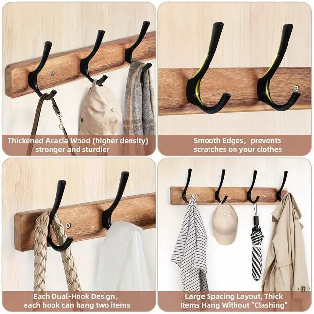 Alt view image 3 of 7 - Coat Rack Wall Mount,Acacia Wood Coat Hooks Wall Mount,15" Wall Coat Rack with Heavy Duty 4-Double-Hooks,Hat Rack Wall Coat Hanger for Towel/Dogs Leashes/Coat/Bag