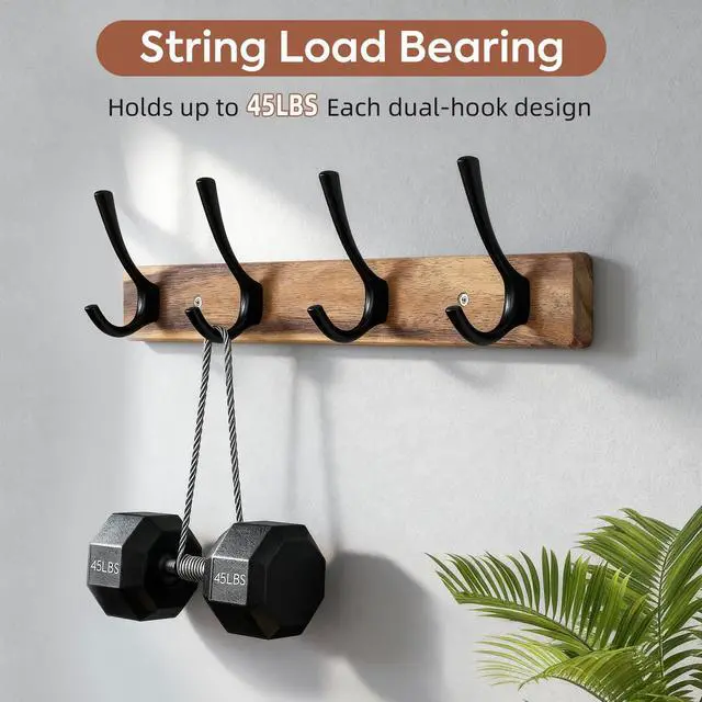 Alt view image 4 of 7 - Coat Rack Wall Mount,Acacia Wood Coat Hooks Wall Mount,15" Wall Coat Rack with Heavy Duty 4-Double-Hooks,Hat Rack Wall Coat Hanger for Towel/Dogs Leashes/Coat/Bag