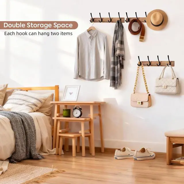 Alt view image 6 of 7 - Coat Rack Wall Mount,Acacia Wood Coat Hooks Wall Mount,15" Wall Coat Rack with Heavy Duty 4-Double-Hooks,Hat Rack Wall Coat Hanger for Towel/Dogs Leashes/Coat/Bag