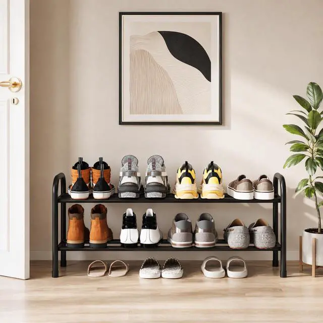 Alt view image 2 of 7 - Expandable Shoe Rack,Metal Storage Organizer (Black, 2Tier) | Adjustable width 18-33 inches. Fits entryways, closets, doorways. Free-standing metal frame holds sneakers, boots, heels