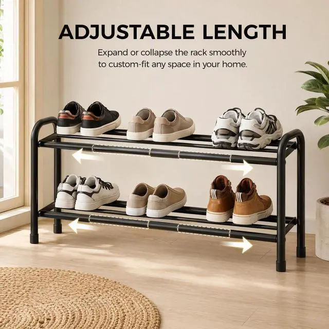 Alt view image 3 of 7 - Expandable Shoe Rack,Metal Storage Organizer (Black, 2Tier) | Adjustable width 18-33 inches. Fits entryways, closets, doorways. Free-standing metal frame holds sneakers, boots, heels
