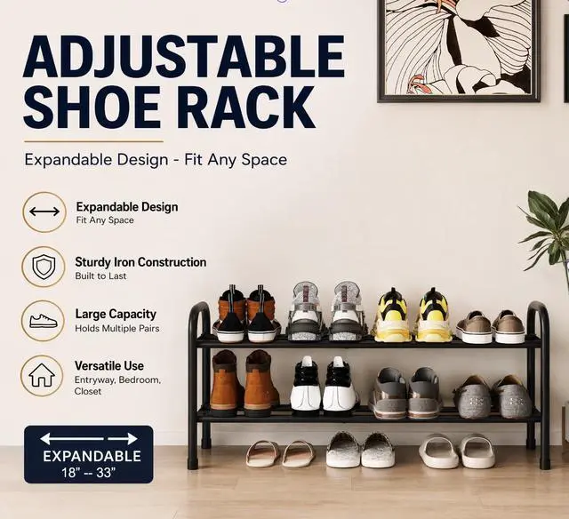 Alt view image 4 of 7 - Expandable Shoe Rack,Metal Storage Organizer (Black, 2Tier) | Adjustable width 18-33 inches. Fits entryways, closets, doorways. Free-standing metal frame holds sneakers, boots, heels