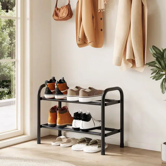 Alt view image 6 of 7 - Expandable Shoe Rack,Metal Storage Organizer (Black, 2Tier) | Adjustable width 18-33 inches. Fits entryways, closets, doorways. Free-standing metal frame holds sneakers, boots, heels