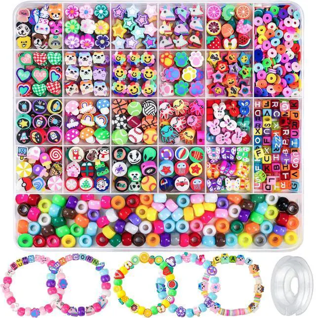 Main image of 1200 Pcs Polymer Clay Beads Bracelet Making Kit, 25 Style Animal Fruit Flower Butterfly Bunny Pony Letter Beads Charms for Jewelry Making, DIY Art and Crafts Toys Gifts