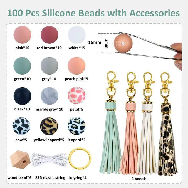 Alt view image 2 of 7 - 100pcs Silicone Beads for Keychain Making,15mm Rubber Beads kit for Keychain Bracelet Lanyards Pens with Key Rings and Tassels