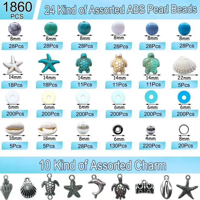 Alt view image 4 of 7 - 1860Pcs Ocean Beads for Bracelets Making Kit, Blue and White Summer Beach Bead for Jewelry Making, Sea Turtle Shell Starfish Shape Beads 8mm Round Cly Bead for DIY Craft Bracelets Earring (Blue)