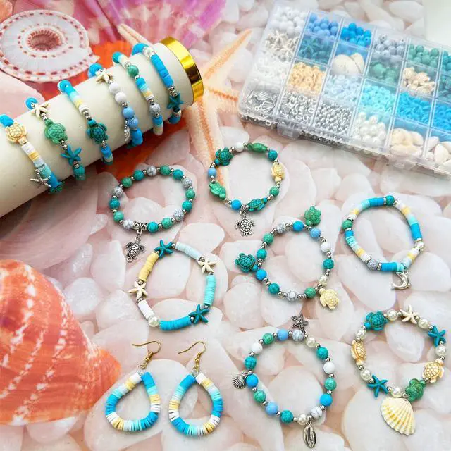 Alt view image 5 of 7 - 1860Pcs Ocean Beads for Bracelets Making Kit, Blue and White Summer Beach Bead for Jewelry Making, Sea Turtle Shell Starfish Shape Beads 8mm Round Cly Bead for DIY Craft Bracelets Earring (Blue)