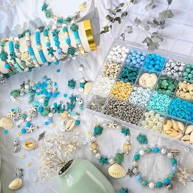 Alt view image 7 of 7 - 1860Pcs Ocean Beads for Bracelets Making Kit, Blue and White Summer Beach Bead for Jewelry Making, Sea Turtle Shell Starfish Shape Beads 8mm Round Cly Bead for DIY Craft Bracelets Earring (Blue)