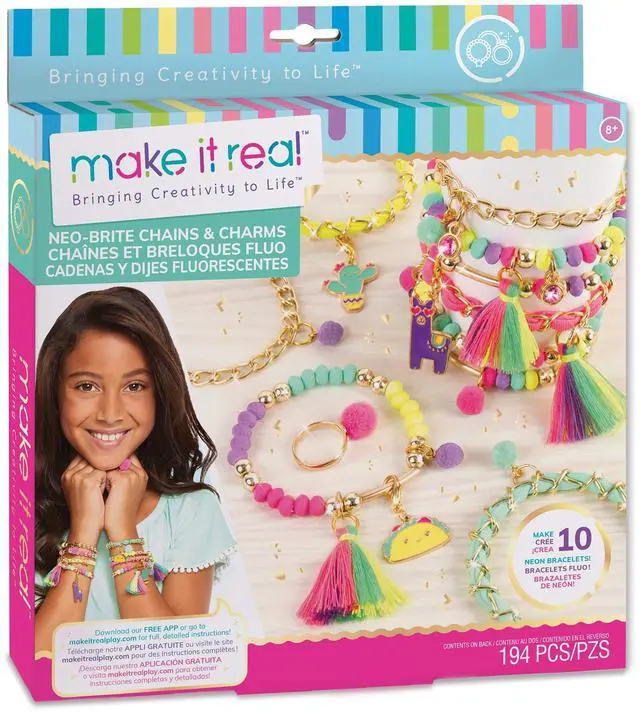 Main image of Neo-Brite Chains & Charms Kit - Create 10 Unique Cord & Tassel Charm Bracelets, 195 Pieces, Includes Play Tray,DIY Playful Charm & Jewelry Kit, Tweens & Girls, Arts & Crafts, Ages 8+