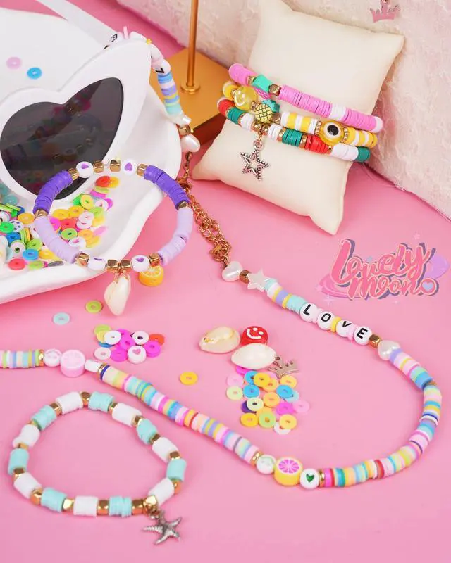 Alt view image 5 of 7 - Bracelet Making Kit 5000 Pcs Clay Beads Flat Preppy Beads for Friendship Jewelry Making Polymer Heishi Beads with Charms Gifts for Teen Girls Crafts for Girls Ages 6 7 8 9 10 11 12